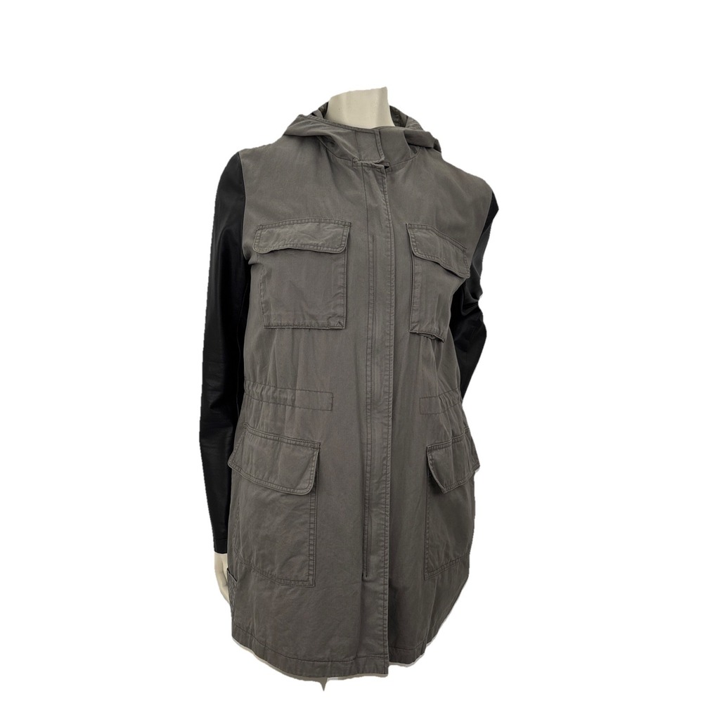 DKNY Grey And Black Cargo Coat Drawstring Waist Full Lined Zipper Hood Outdoors